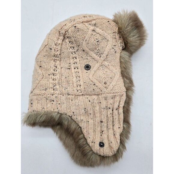 American Eagle Outfitters Beige Knit Trapper Hat With Faux Fur Trim & Pom Poms - Picture 4 of 8